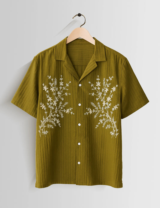 Leaf Green Flower Printed Mens Half Sleeves Shirts - XPST