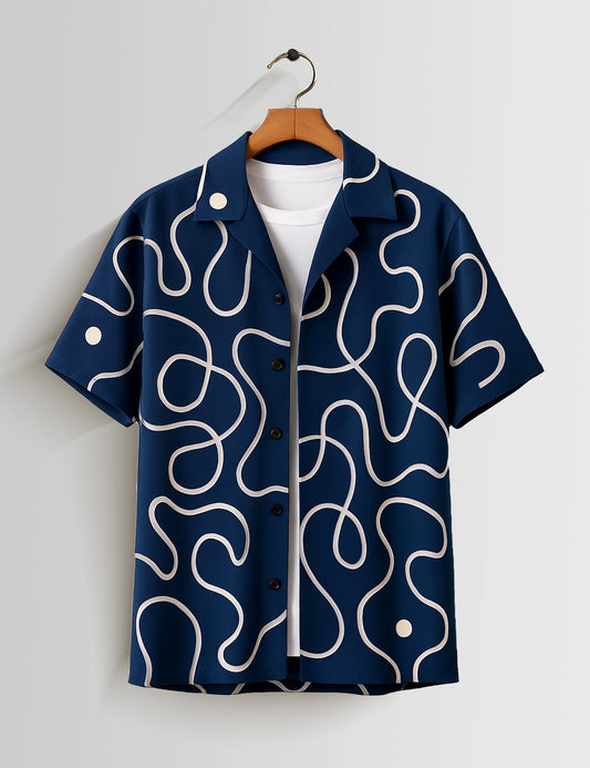 Navy Blue Loop Printed Mens Half Sleeves Shirts - XPST