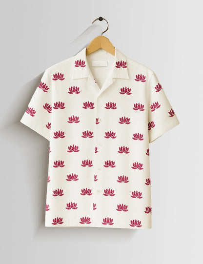 White Small Lotus Printed Mens Half Sleeves Shirts - XPST