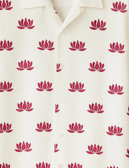 White Small Lotus Printed Mens Half Sleeves Shirts - XPST